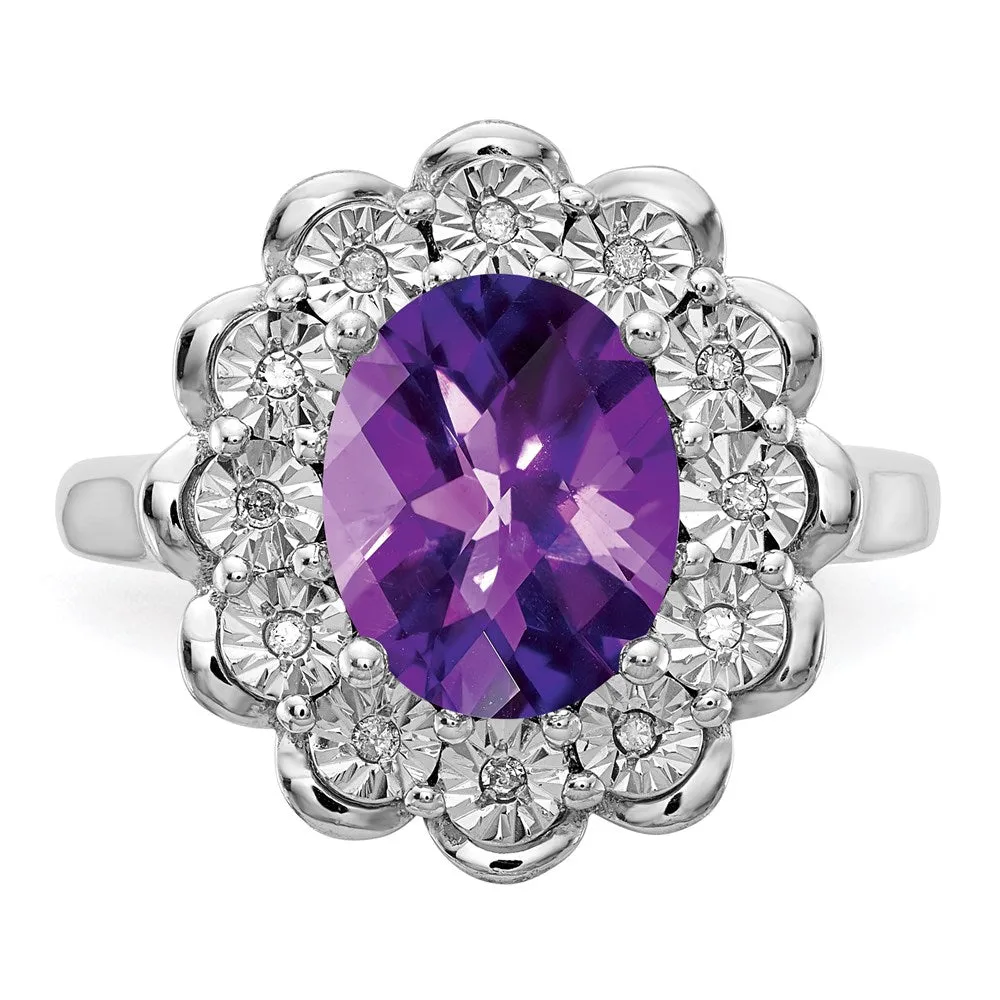 Rhodium-Plated Diamond & Checker-Cut Amethyst Ring in Sterling Silver