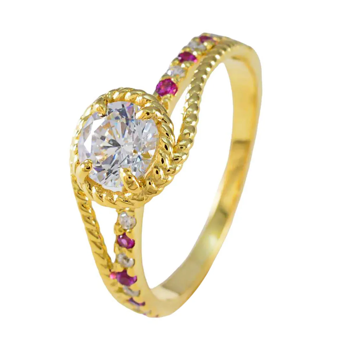 Riyo Beautiful Silver Ring With Yellow Gold Plating Ruby CZ Stone Round Shape Prong Setting  Jewelry