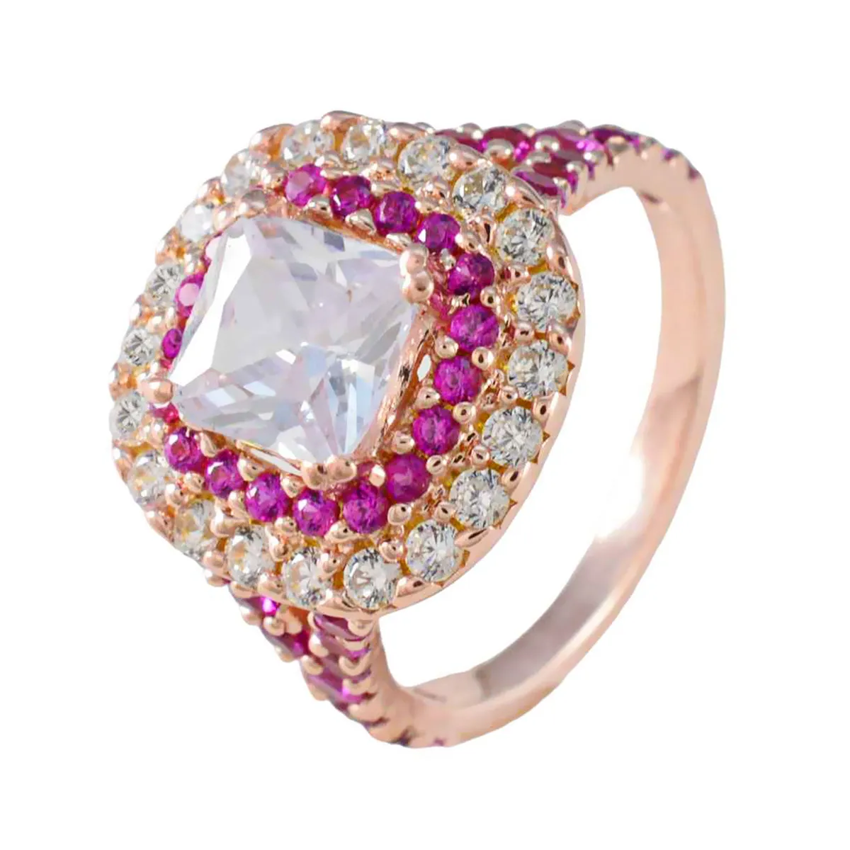 Riyo Choice Silver Ring With Rose Gold Plating Ruby CZ Stone square Shape Prong Setting Designer Jewelry Easter Ring