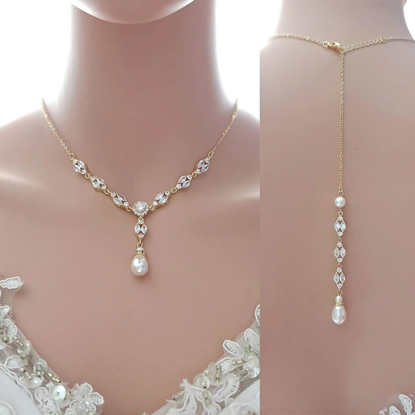 Rose Gold Back Jewelry Set with Necklace Bracelet Earrings for Weddings-Hayley