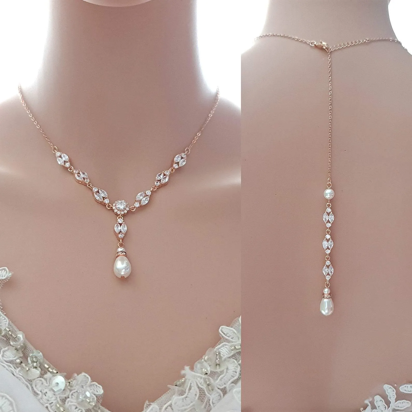 Rose Gold Back Jewelry Set with Necklace Bracelet Earrings for Weddings-Hayley