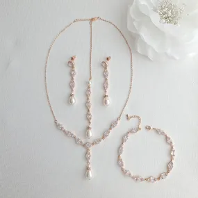 Rose Gold Back Jewelry Set with Necklace Bracelet Earrings for Weddings-Hayley