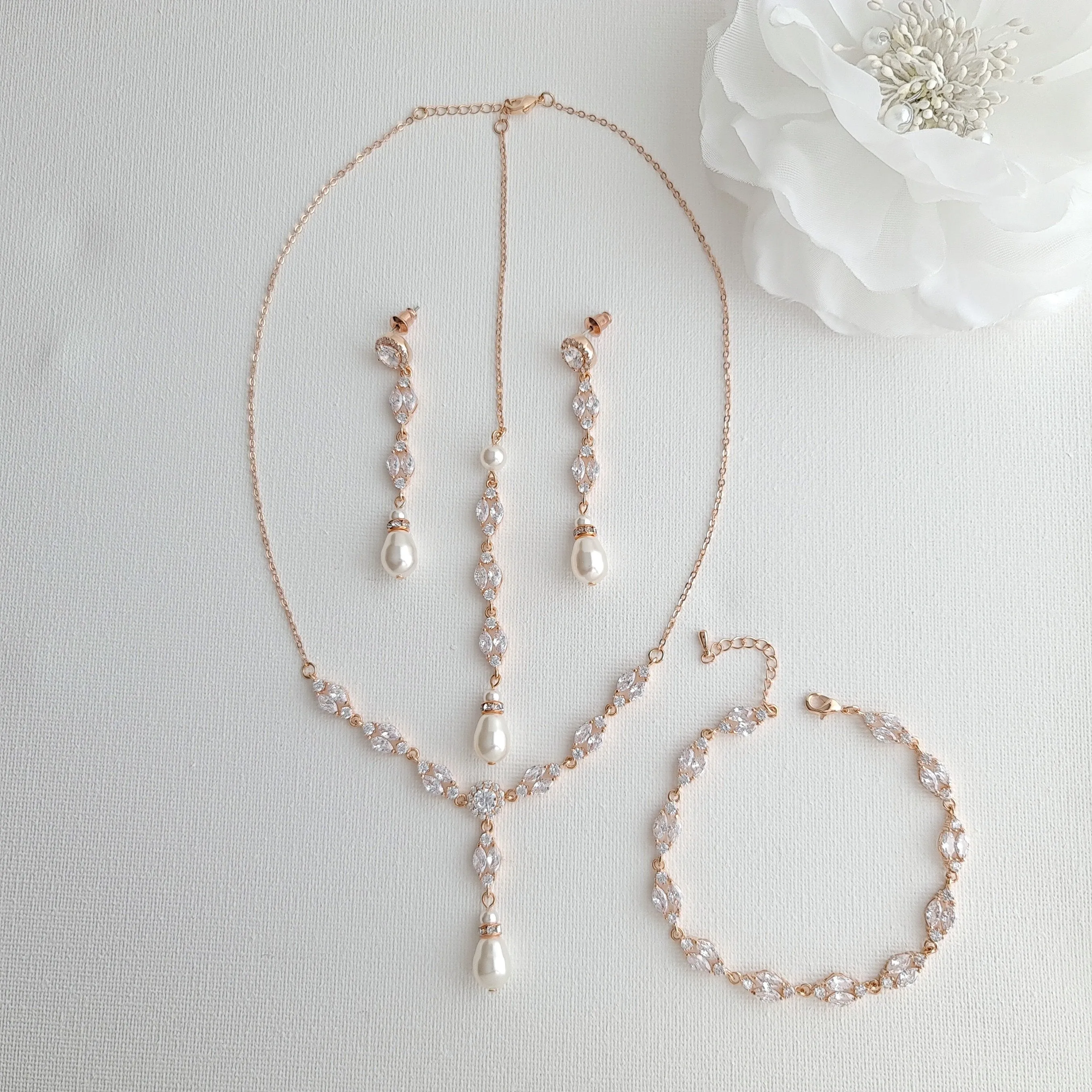 Rose Gold Back Jewelry Set with Necklace Bracelet Earrings for Weddings-Hayley