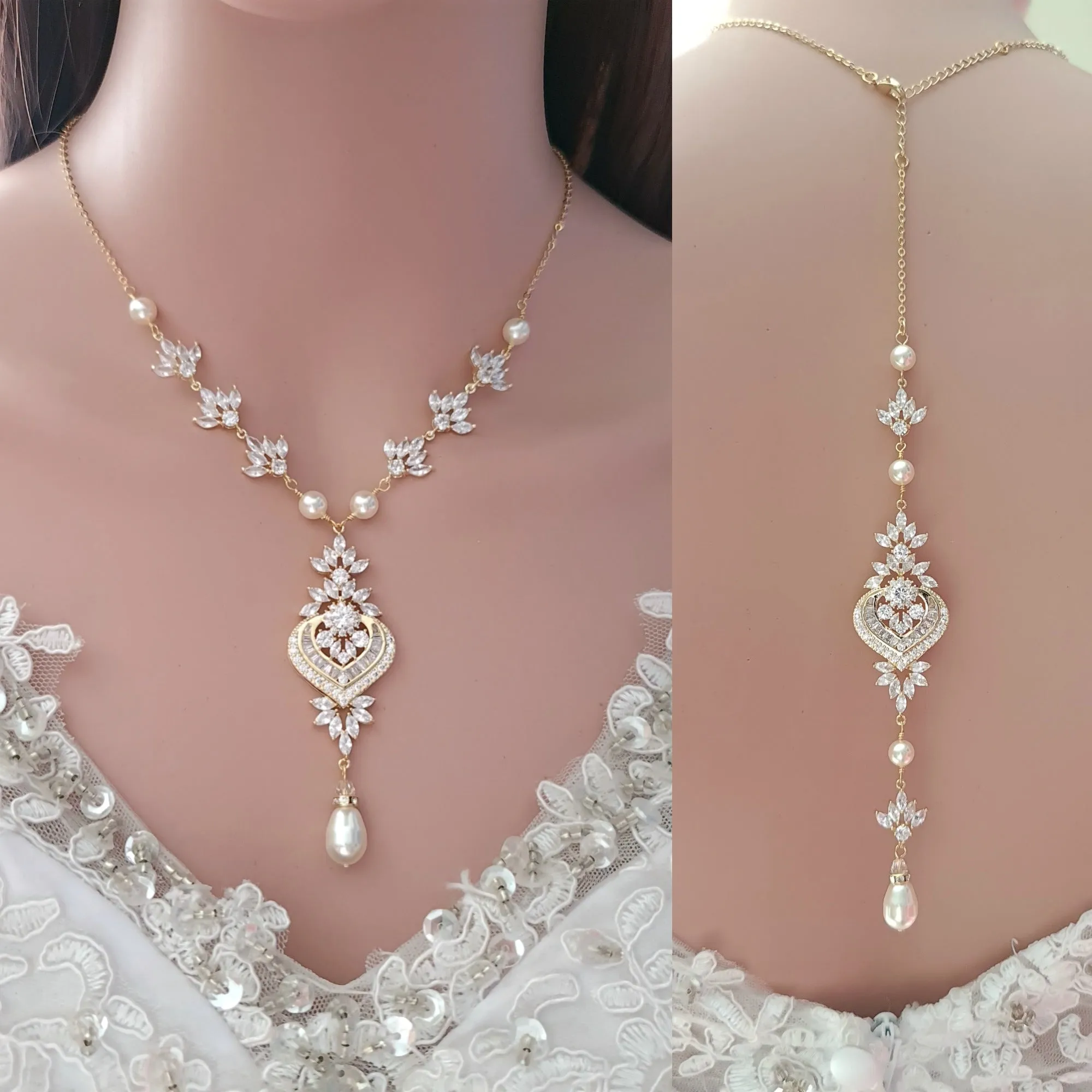 Rose Gold Backdrop Necklace, Rose Gold Bridal Necklace, Wedding Back Necklace, Bridal Jewelry for Backless Dress, Rosa