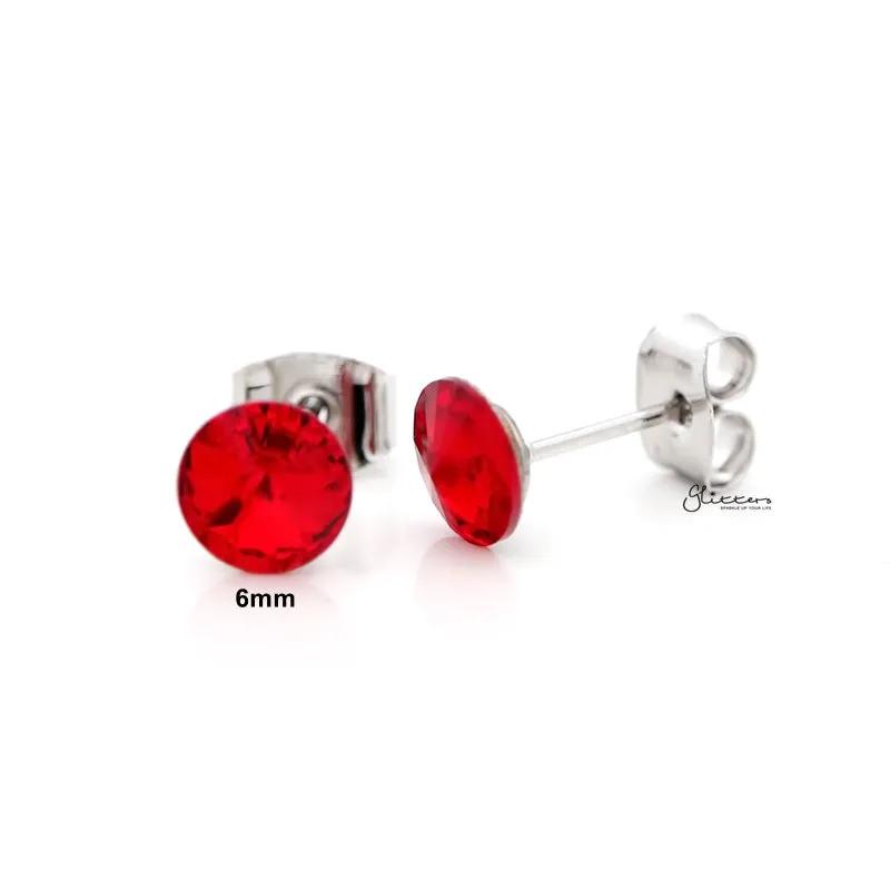 Round Crystal Stud Earrings - Red