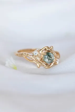 Round moss agate engagement ring with diamonds, nature themed gold ring / Undina