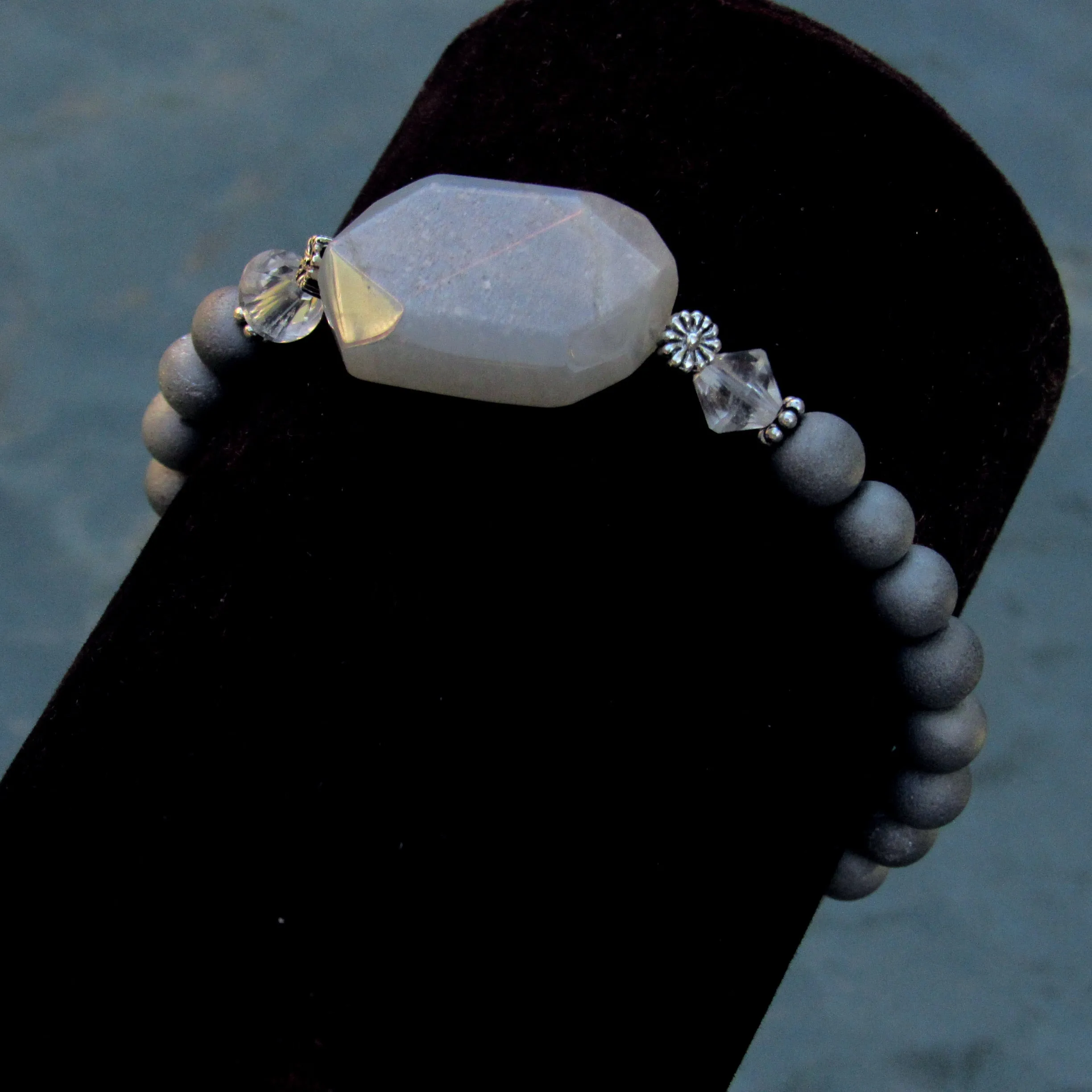 Silver Moonstone, Sterling Silver, Clear Quartz, and Silver Druzy Agates