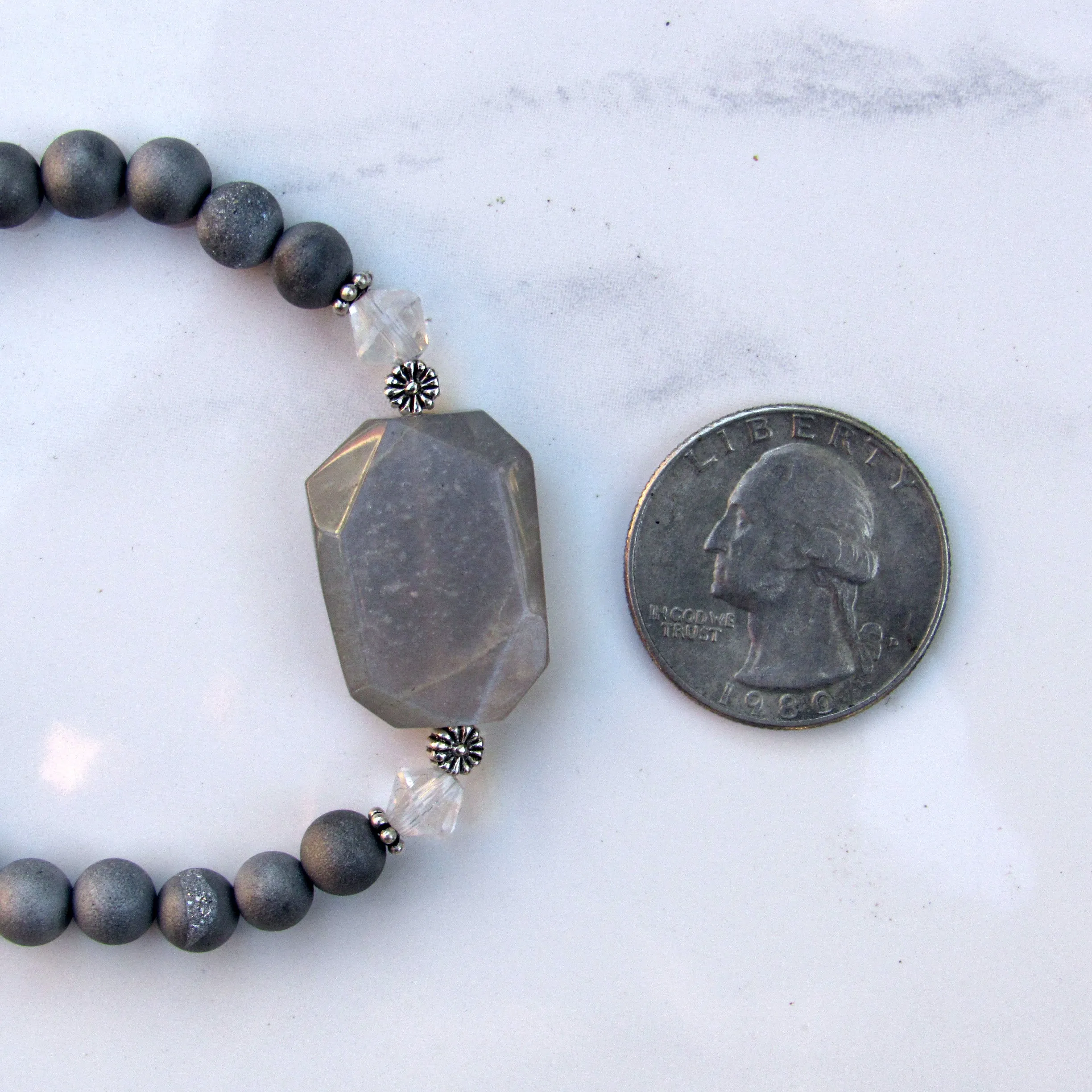 Silver Moonstone, Sterling Silver, Clear Quartz, and Silver Druzy Agates