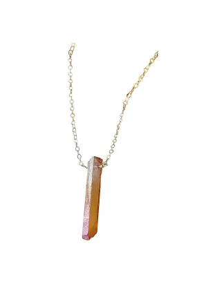 Single Raw Peach Quartz Crystal Pendant Necklace in Gold