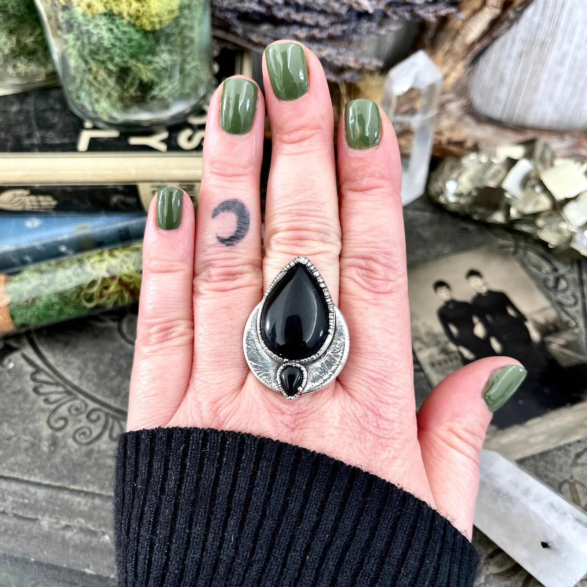 Size 10 Two Stone Ring- Black Onyx Crystal Ring Fine Silver / Foxlark Collection - One of a Kind