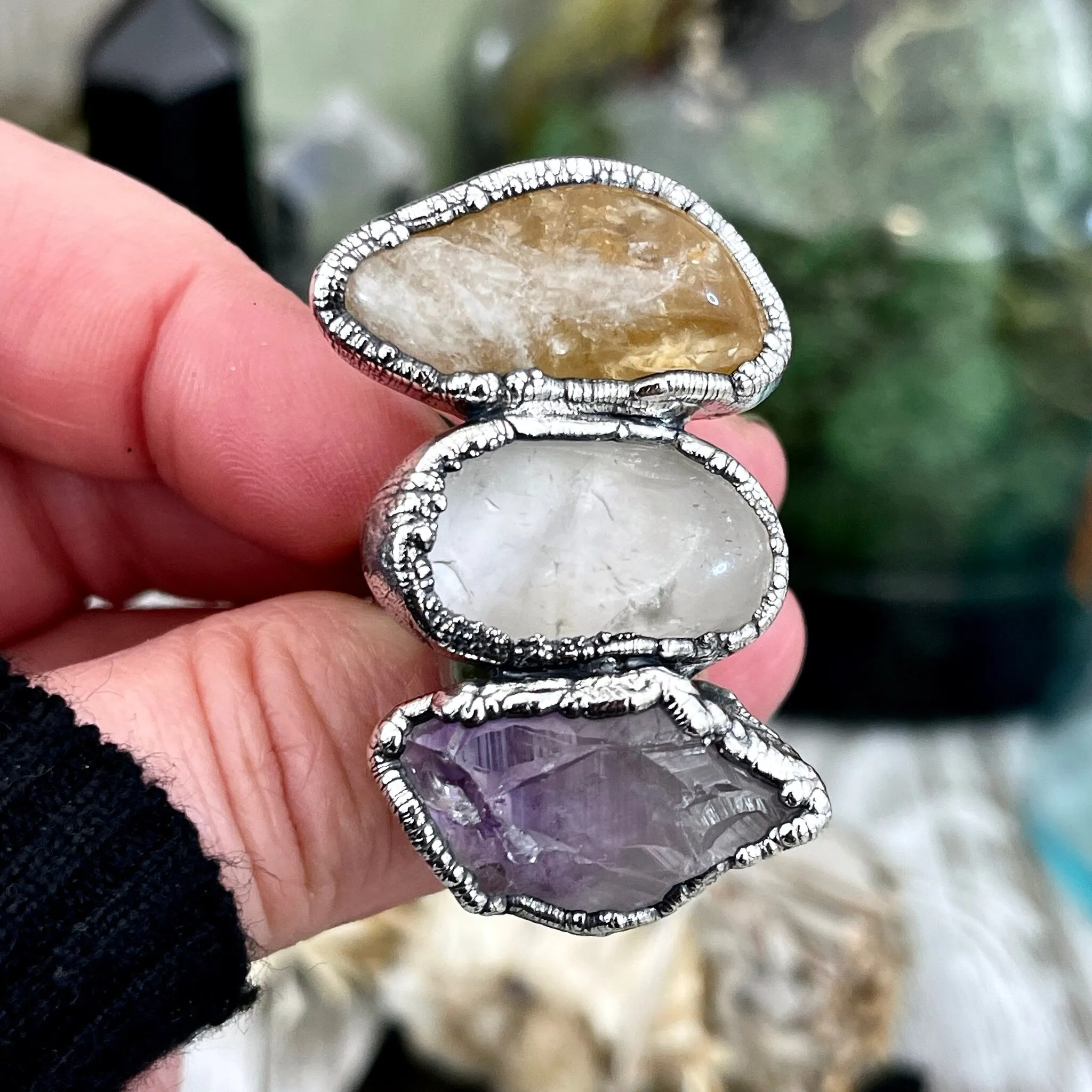 Size 6 Crystal Ring - Three Stone Ring Citrine Clear Quartz Raw Amethyst Ring Silver/ Foxlark Collection - One of a Kind