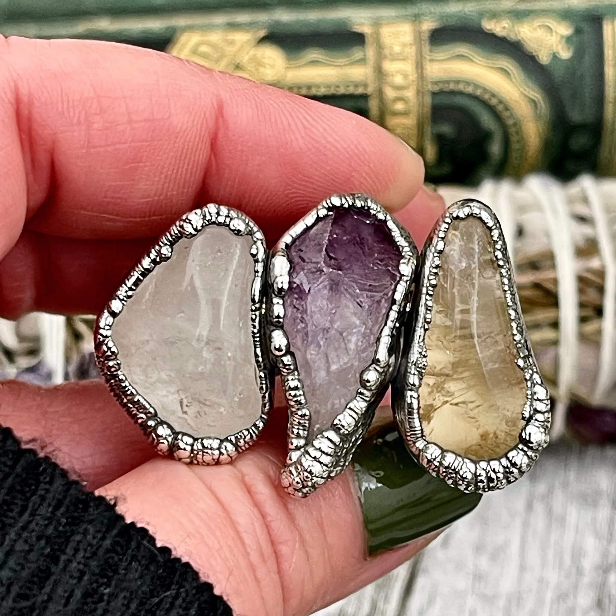 Size 7 Crystal Ring - Three Stone Ring Citrine Clear Quartz Amethyst Ring in Silver / Foxlark Collection - One of a Kind