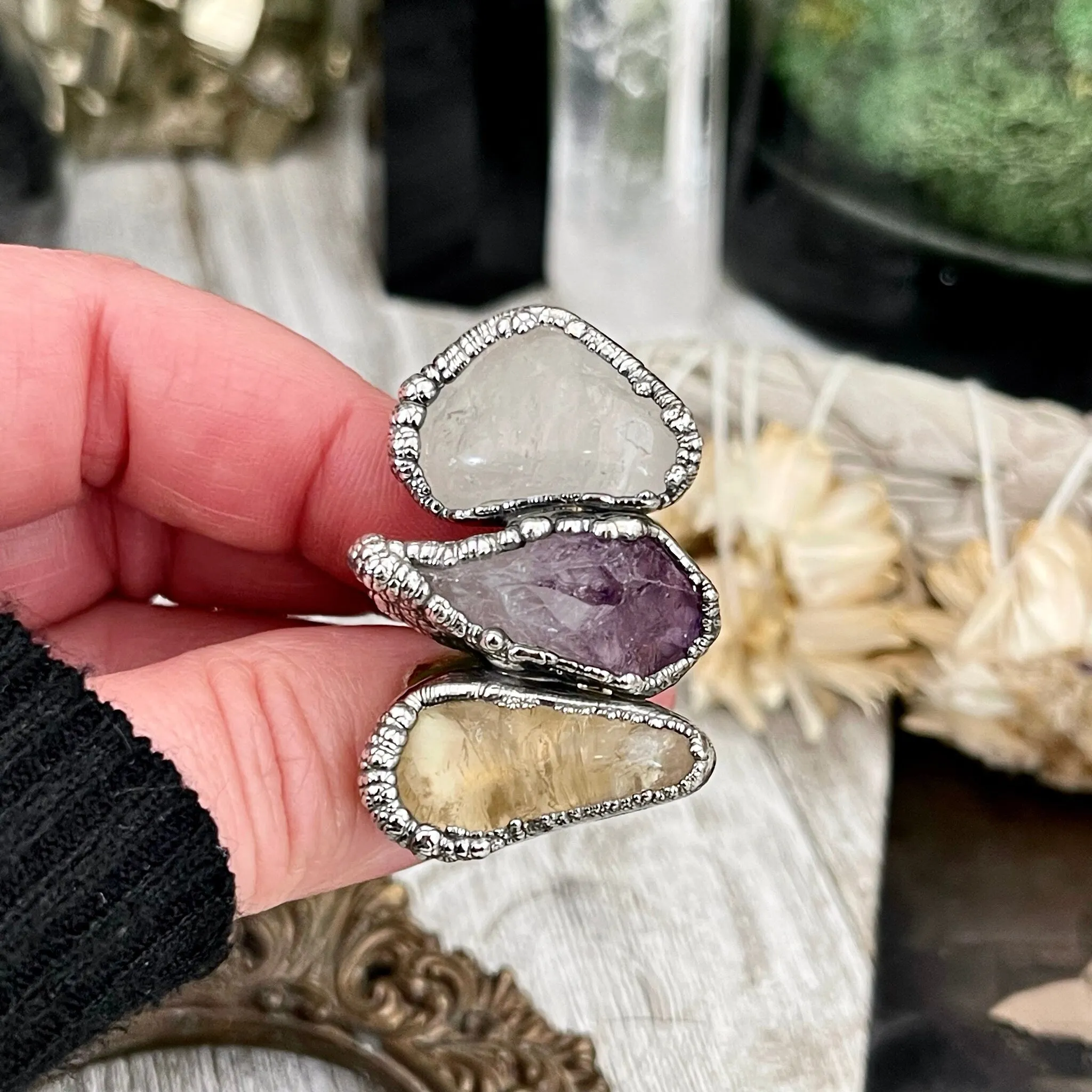 Size 7 Crystal Ring - Three Stone Ring Citrine Clear Quartz Amethyst Ring in Silver / Foxlark Collection - One of a Kind