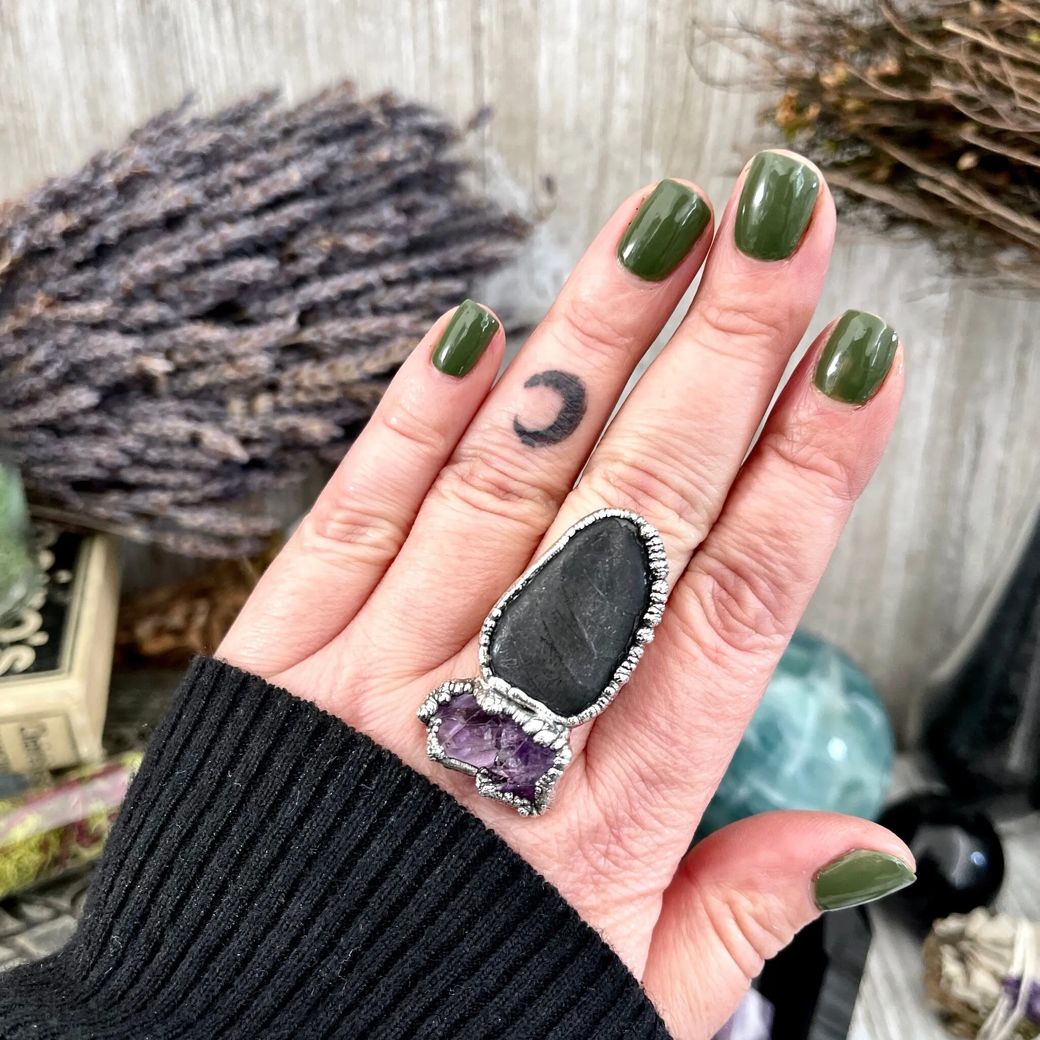 Size 8 Two Stone Ring-River Rock Purple Raw Amethyst Crystal Ring Fine Silver / Foxlark Collection - One of a Kind