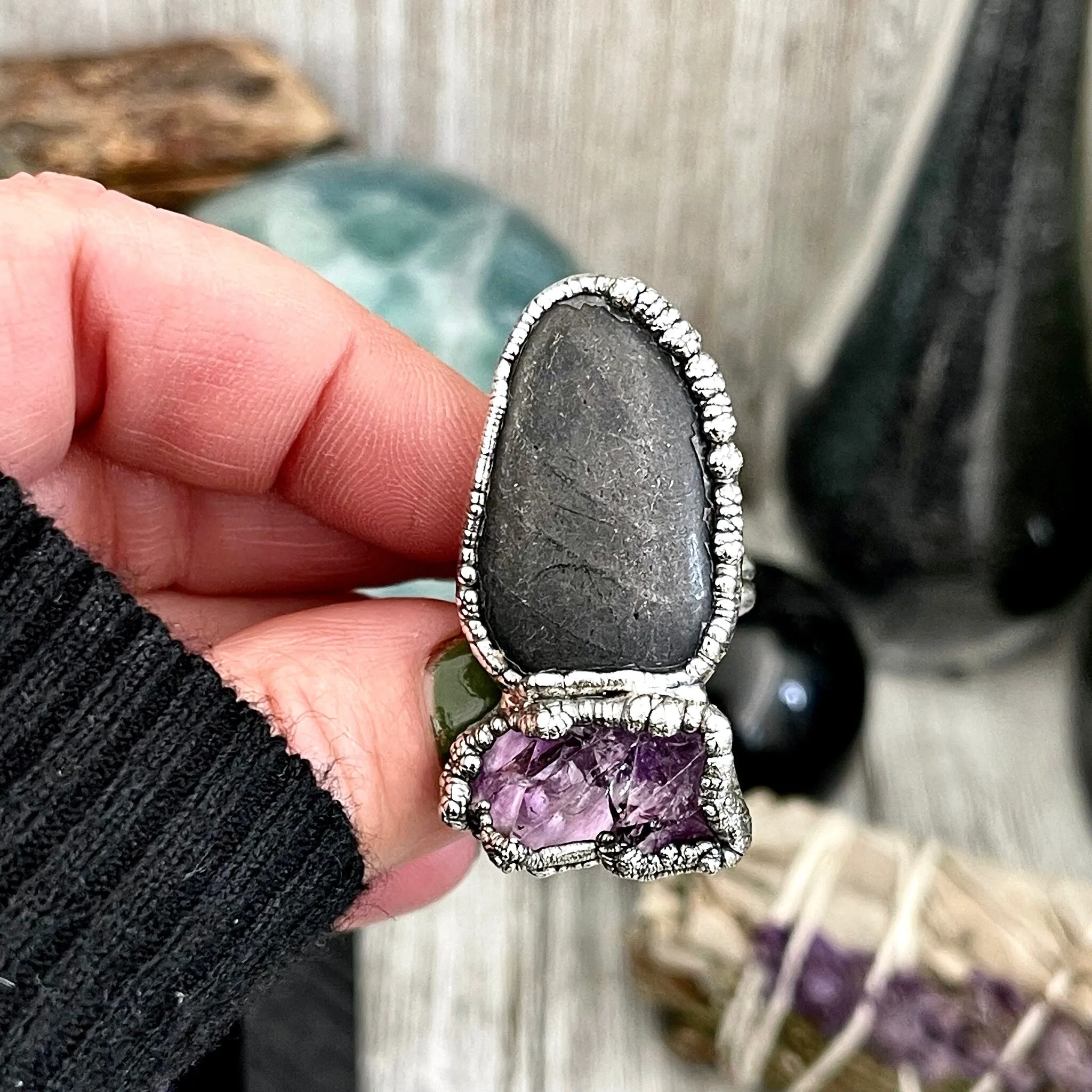 Size 8 Two Stone Ring-River Rock Purple Raw Amethyst Crystal Ring Fine Silver / Foxlark Collection - One of a Kind