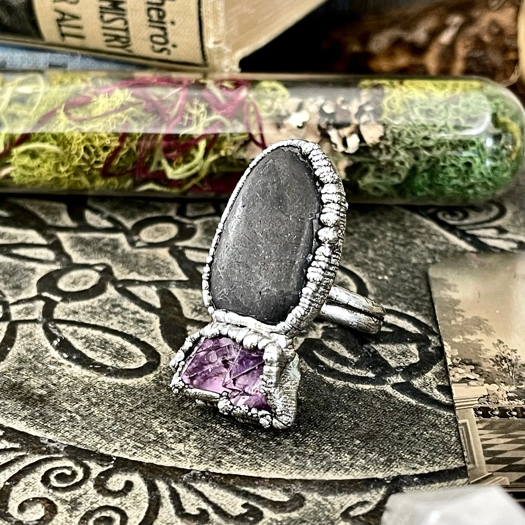 Size 8 Two Stone Ring-River Rock Purple Raw Amethyst Crystal Ring Fine Silver / Foxlark Collection - One of a Kind