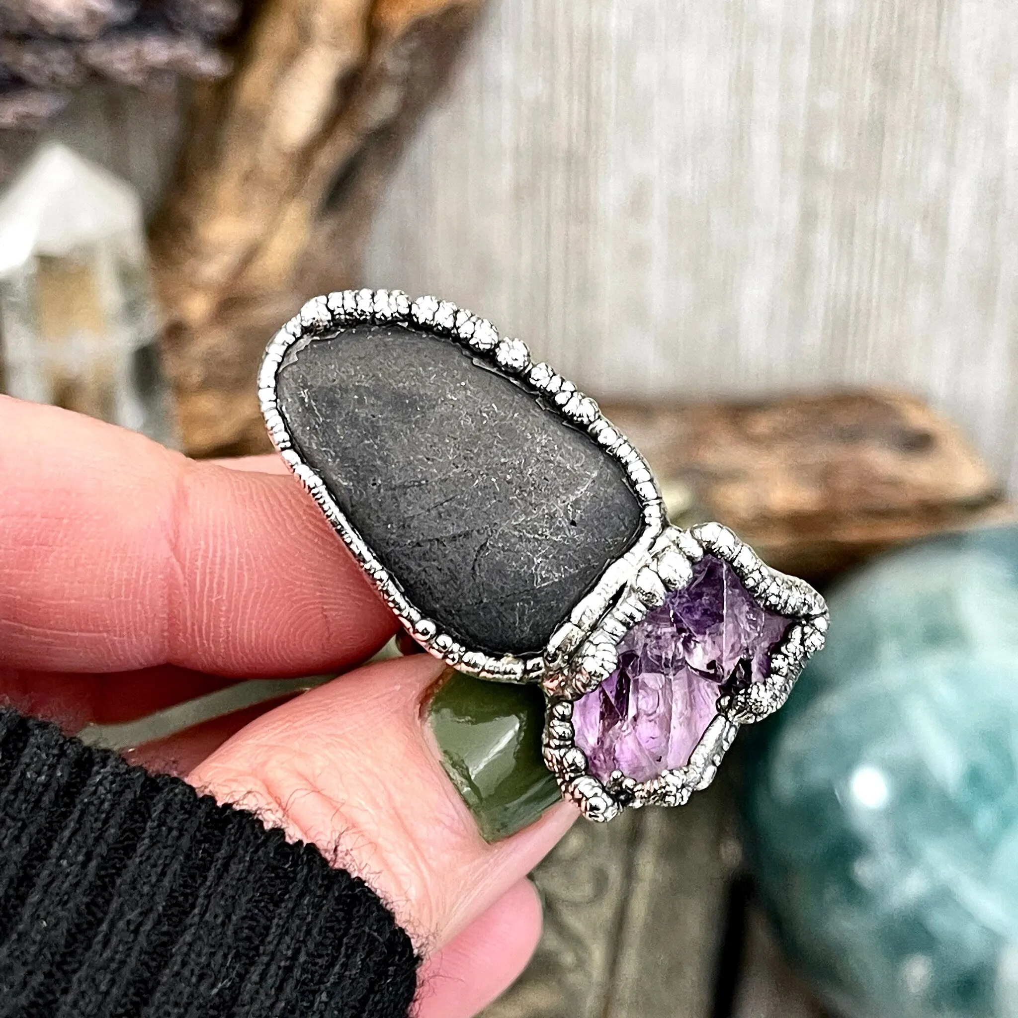 Size 8 Two Stone Ring-River Rock Purple Raw Amethyst Crystal Ring Fine Silver / Foxlark Collection - One of a Kind