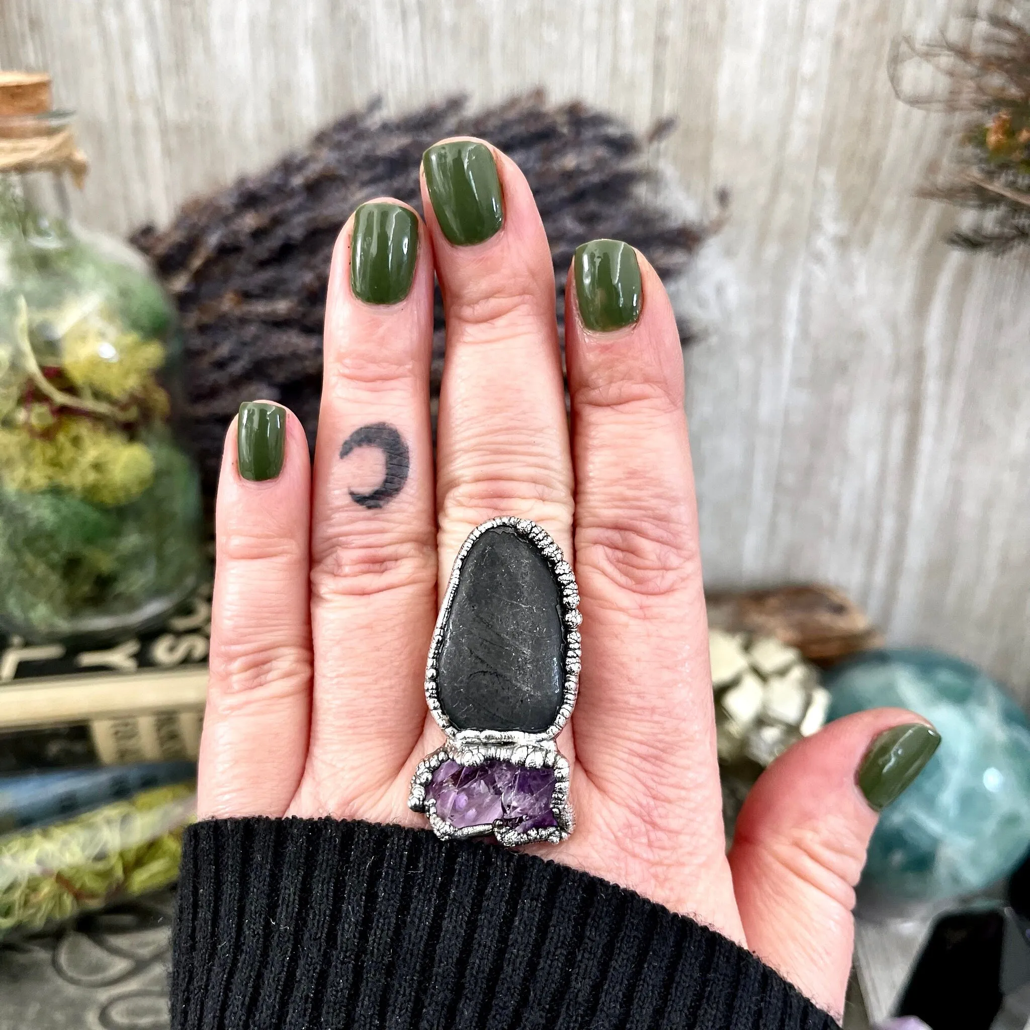 Size 8 Two Stone Ring-River Rock Purple Raw Amethyst Crystal Ring Fine Silver / Foxlark Collection - One of a Kind