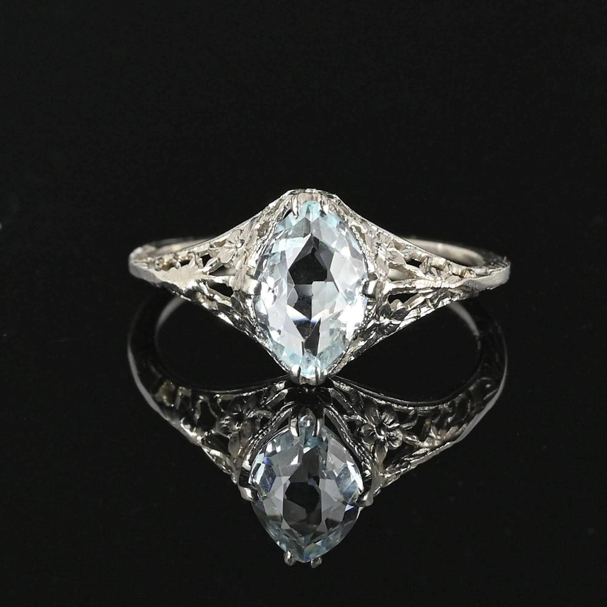 SOLD Marquise Aquamarine Ring, 14K White Gold Filigree