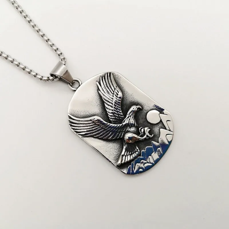 Stainless Steel Flying Eagle Dog Tag Pendant Necklace