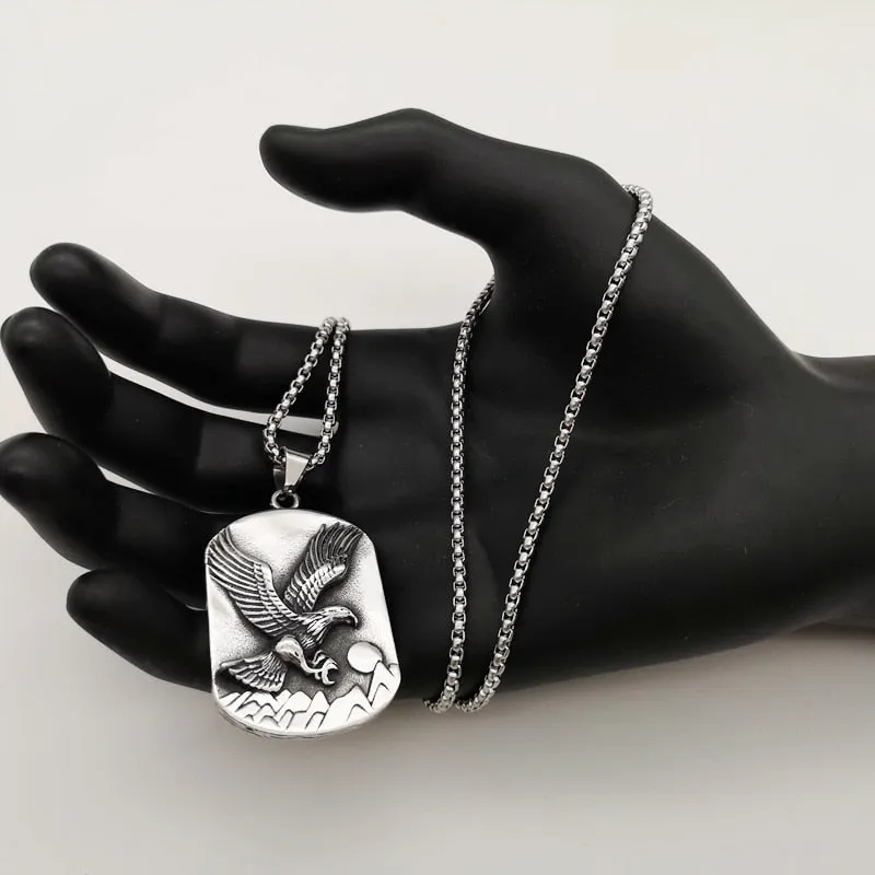 Stainless Steel Flying Eagle Dog Tag Pendant Necklace