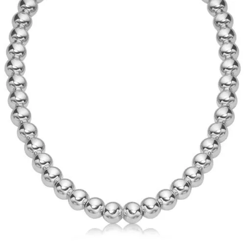 Sterling Silver Polished Bead Necklace with Rhodium Plating (10mm), size 18''