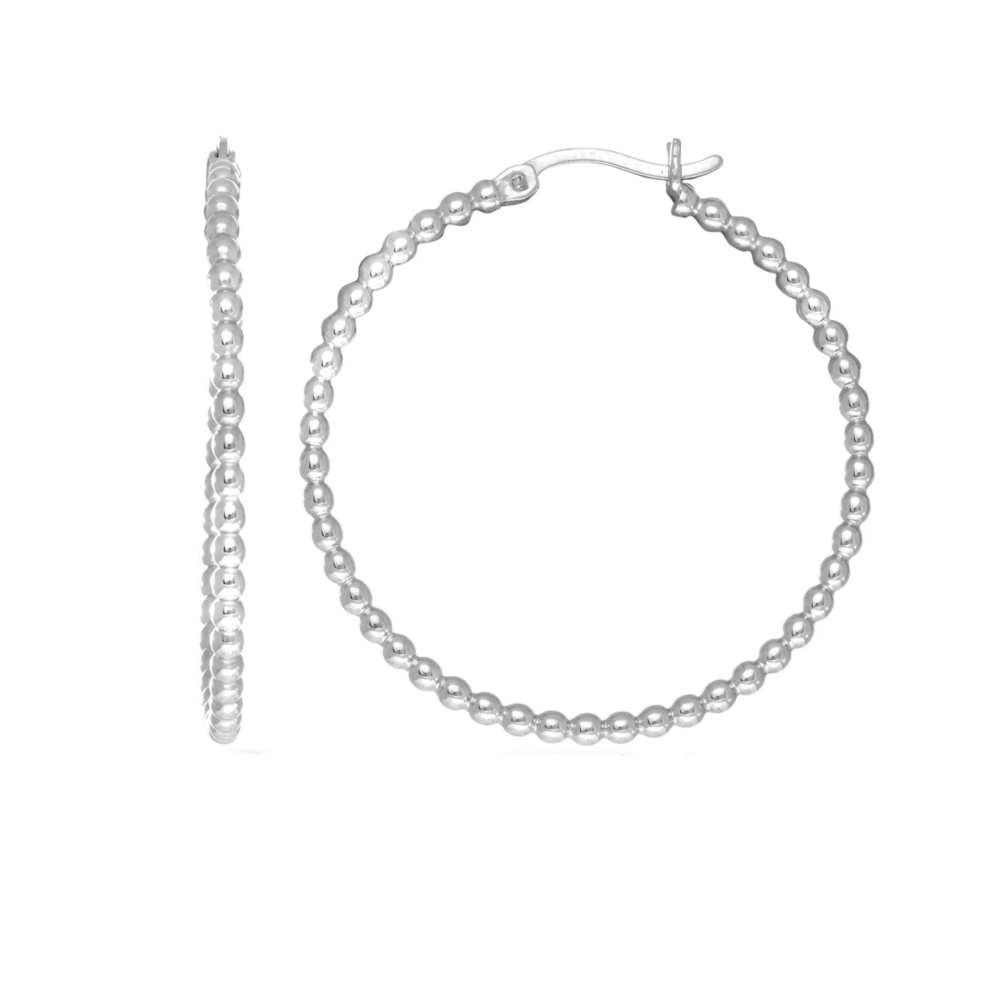 Sterling Silver Rhodium Plated Beaded Tube Round Hoop Earrings