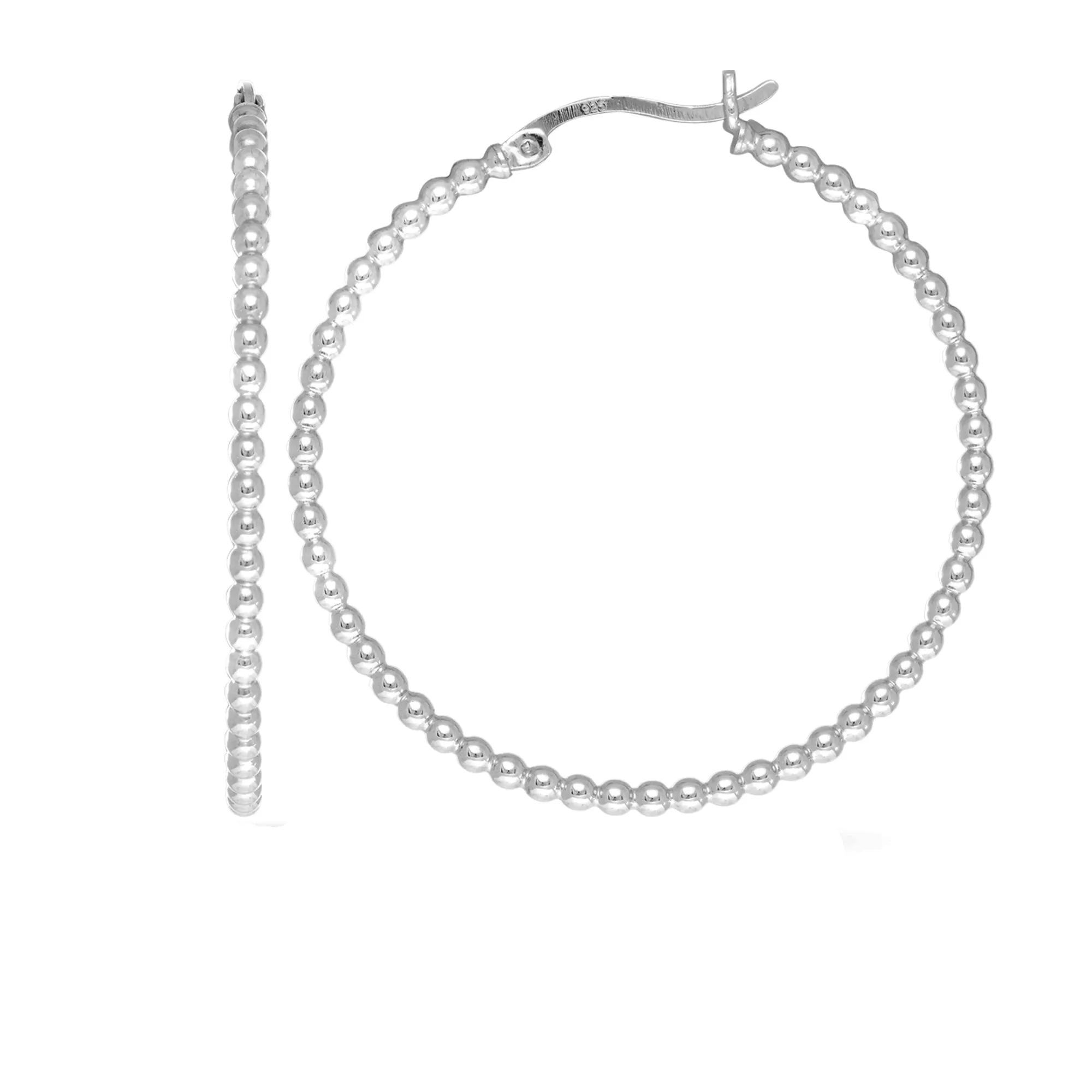 Sterling Silver Rhodium Plated Beaded Tube Round Hoop Earrings