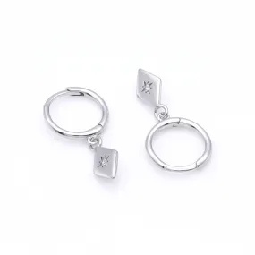 Sterling Silver Rhombus Charm Huggie Hoop Earrings - Silver