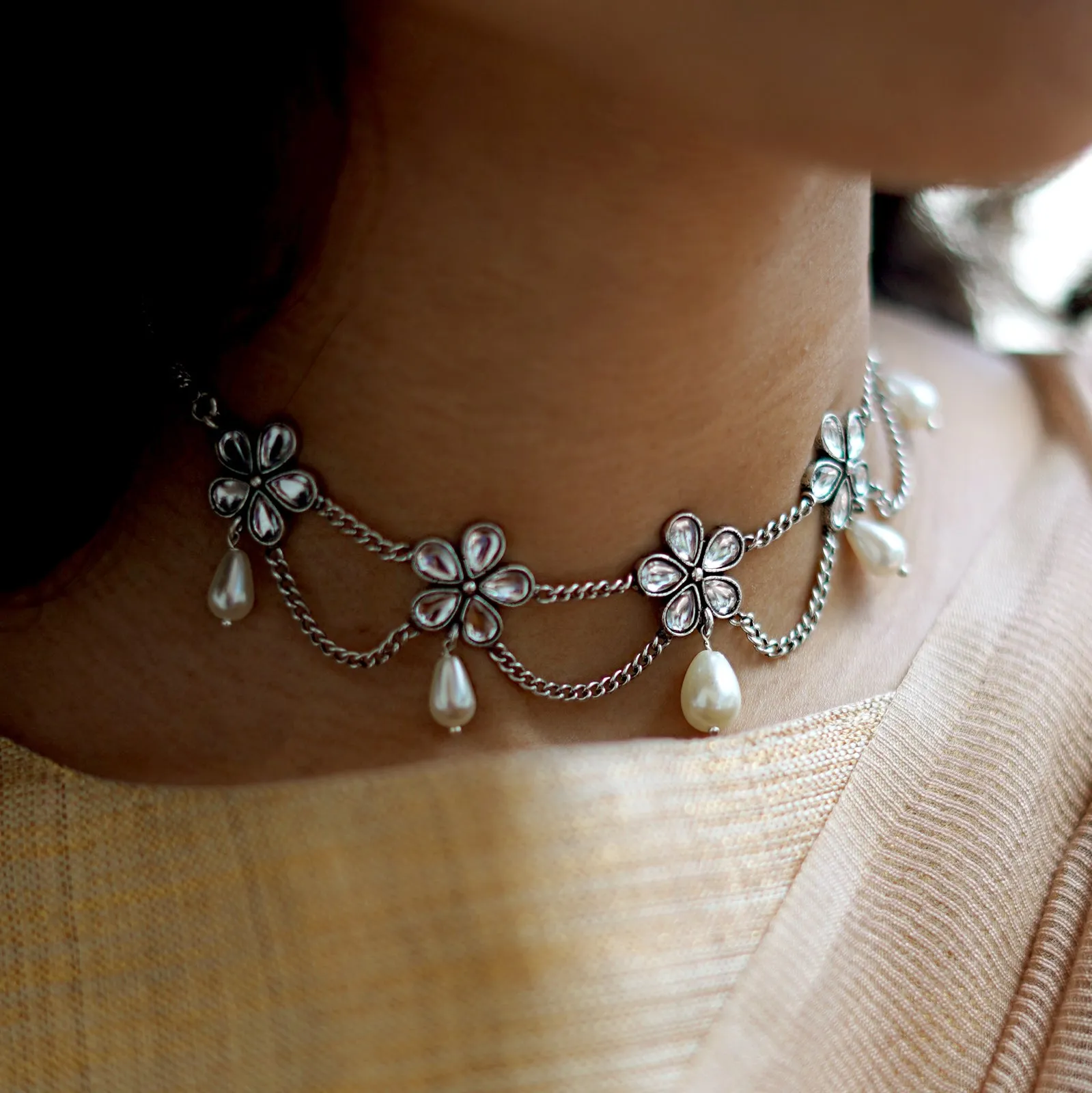 Teejh Floweret Polki Silver Oxidized Pearl Choker Necklace