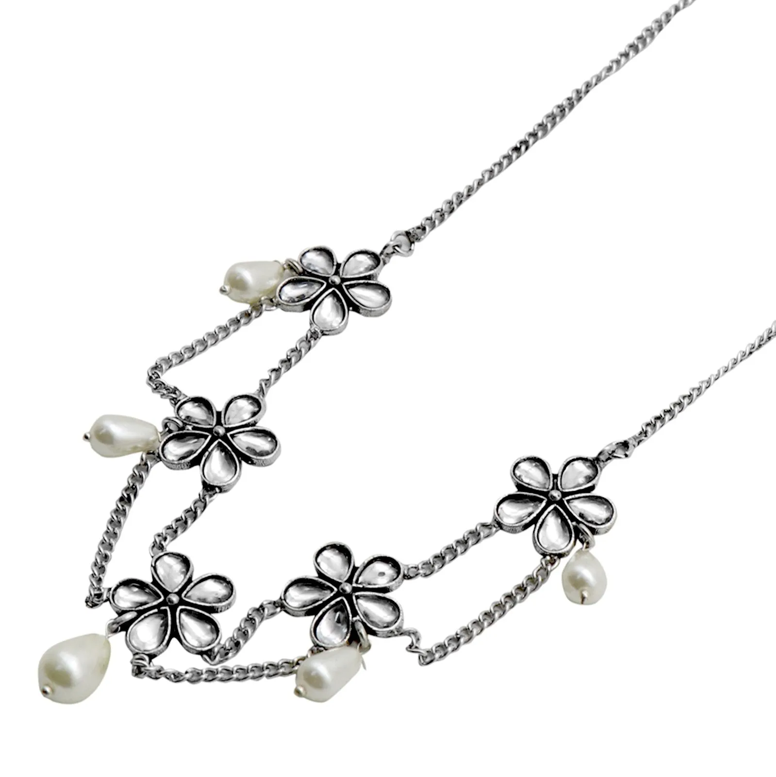 Teejh Floweret Polki Silver Oxidized Pearl Choker Necklace