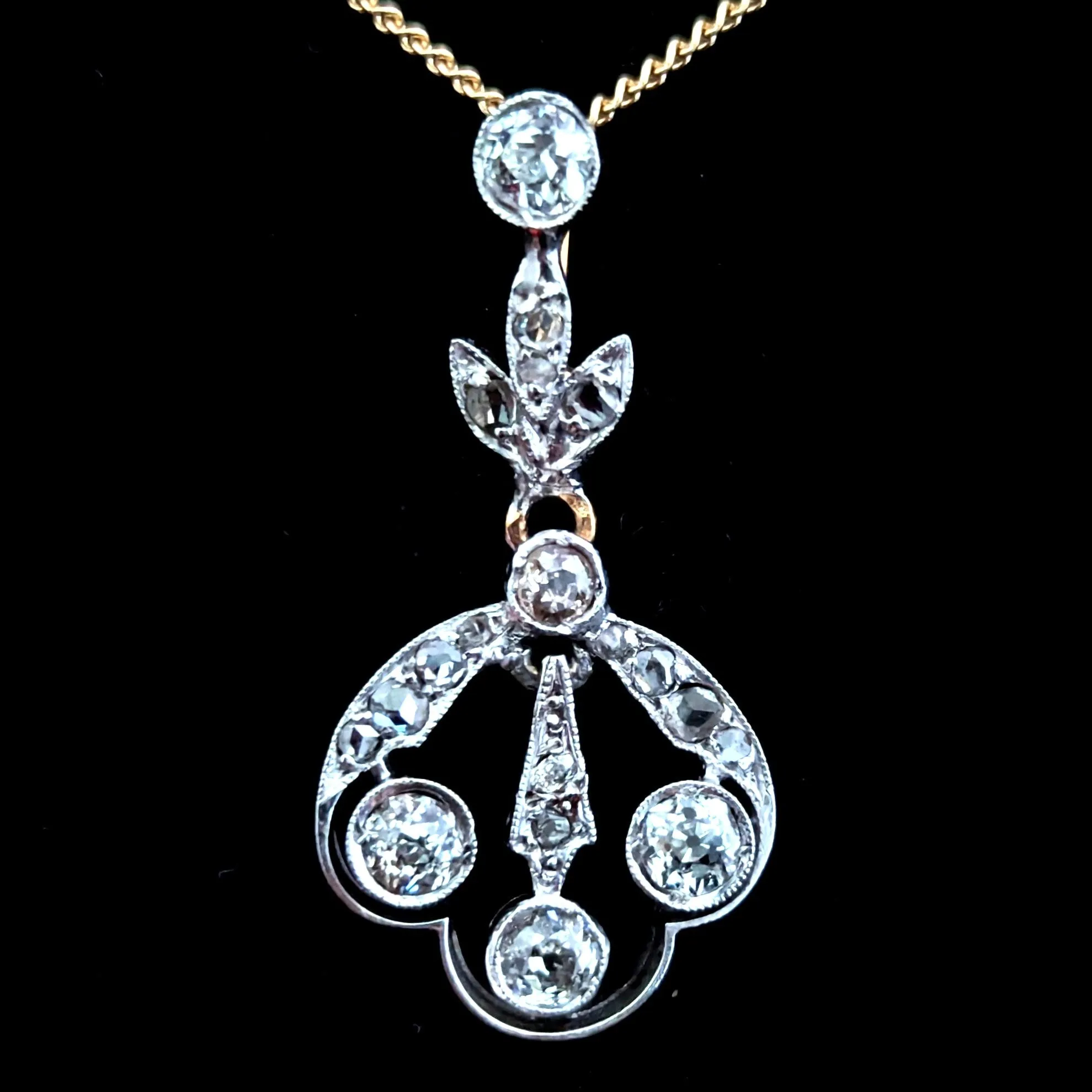 The Fairmont - Edwardian Era Old Cut Diamond Platinum 14k Gold Pendant on Chain