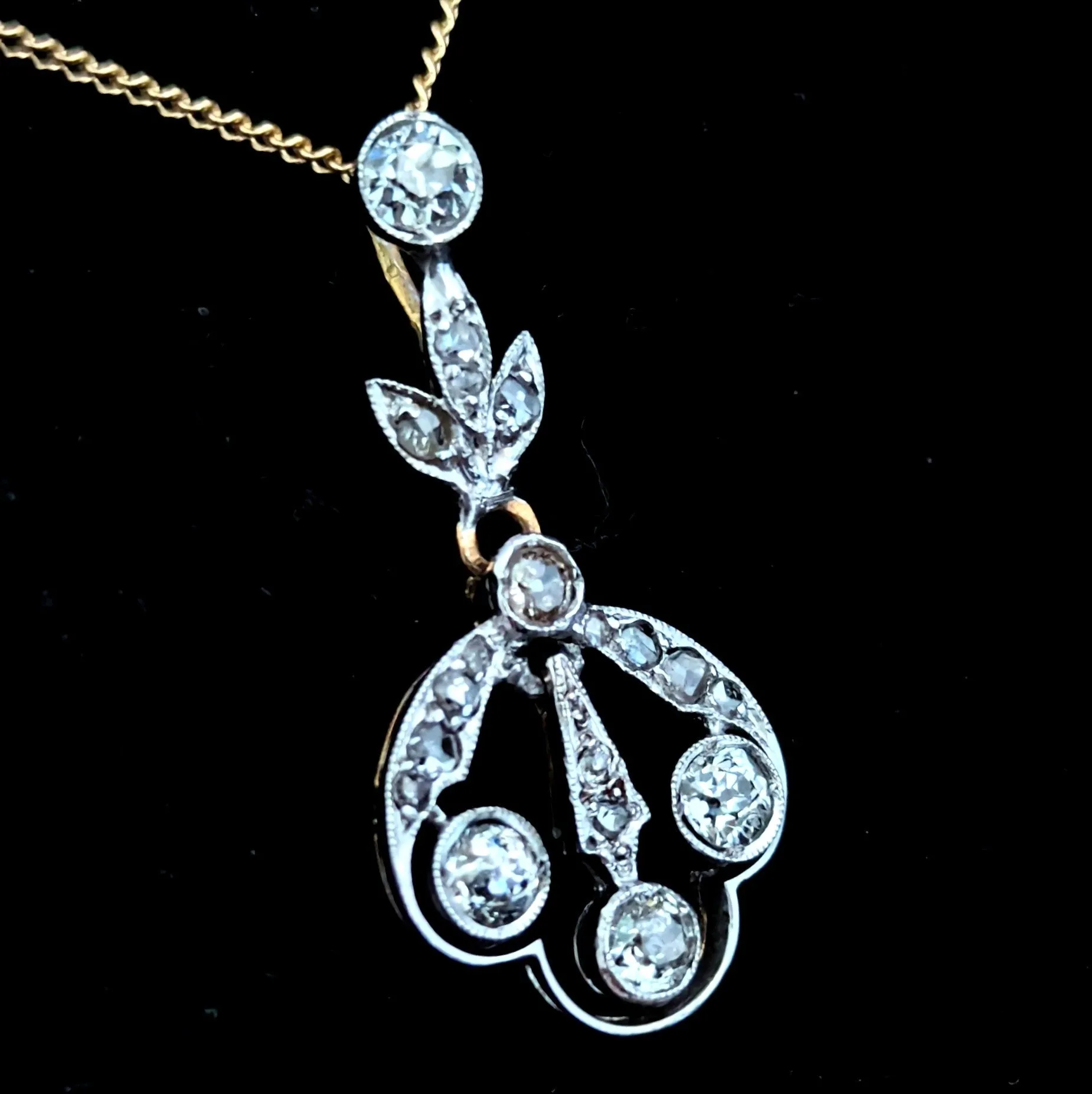 The Fairmont - Edwardian Era Old Cut Diamond Platinum 14k Gold Pendant on Chain