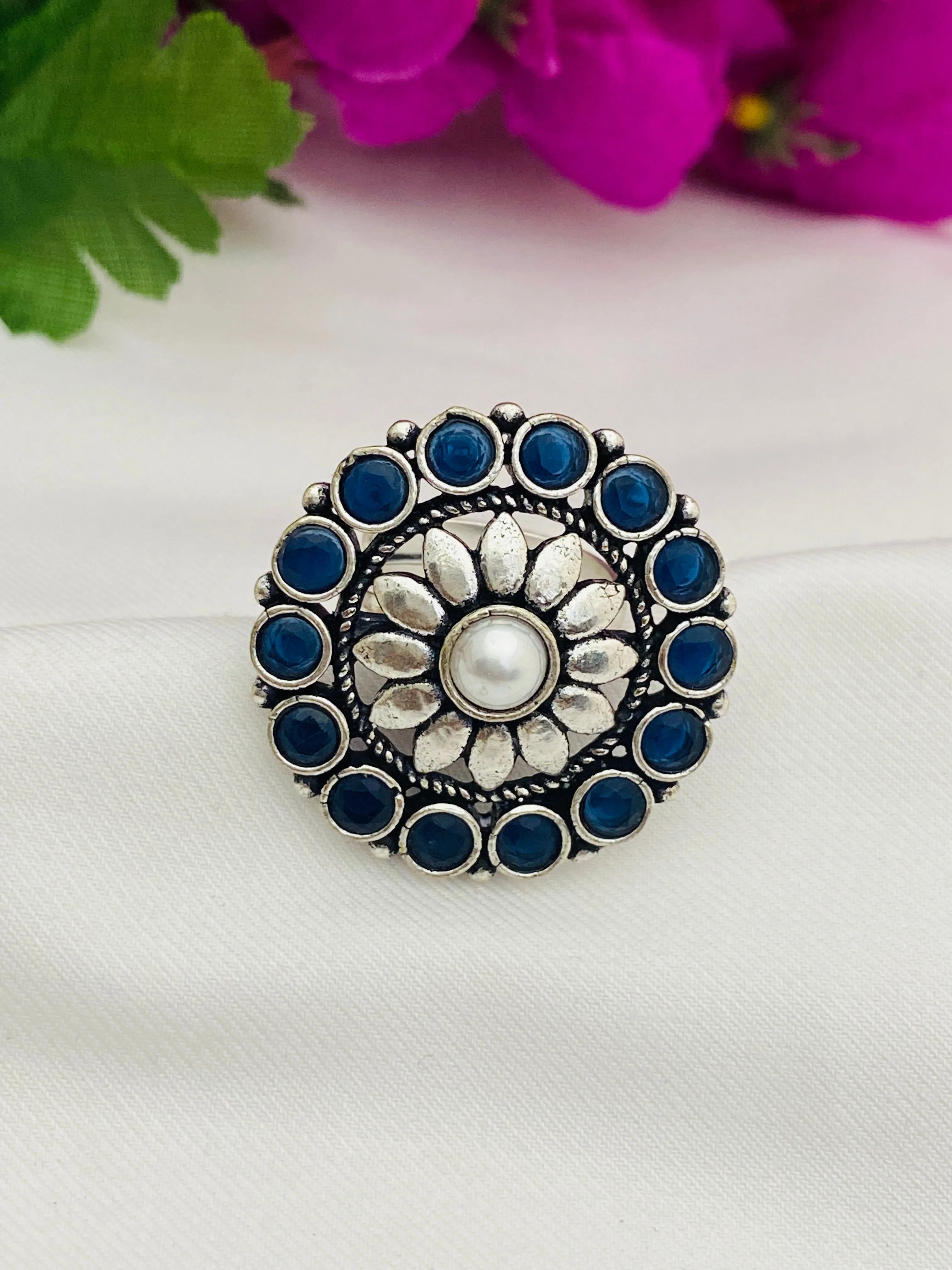 Trendy Blue Stone Beaded Flower Designed Silver Toned Oxidized Finger Ring