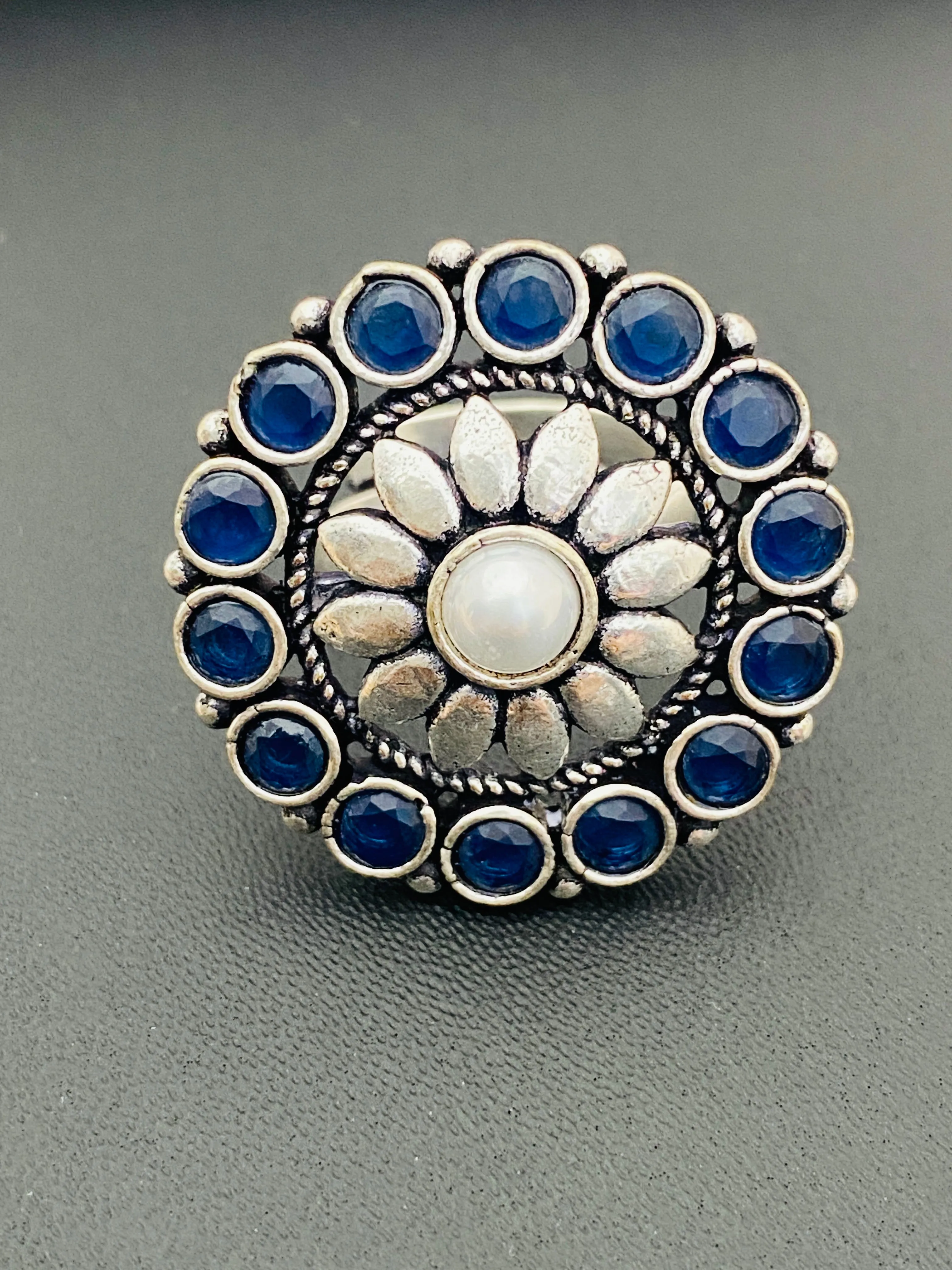 Trendy Blue Stone Beaded Flower Designed Silver Toned Oxidized Finger Ring