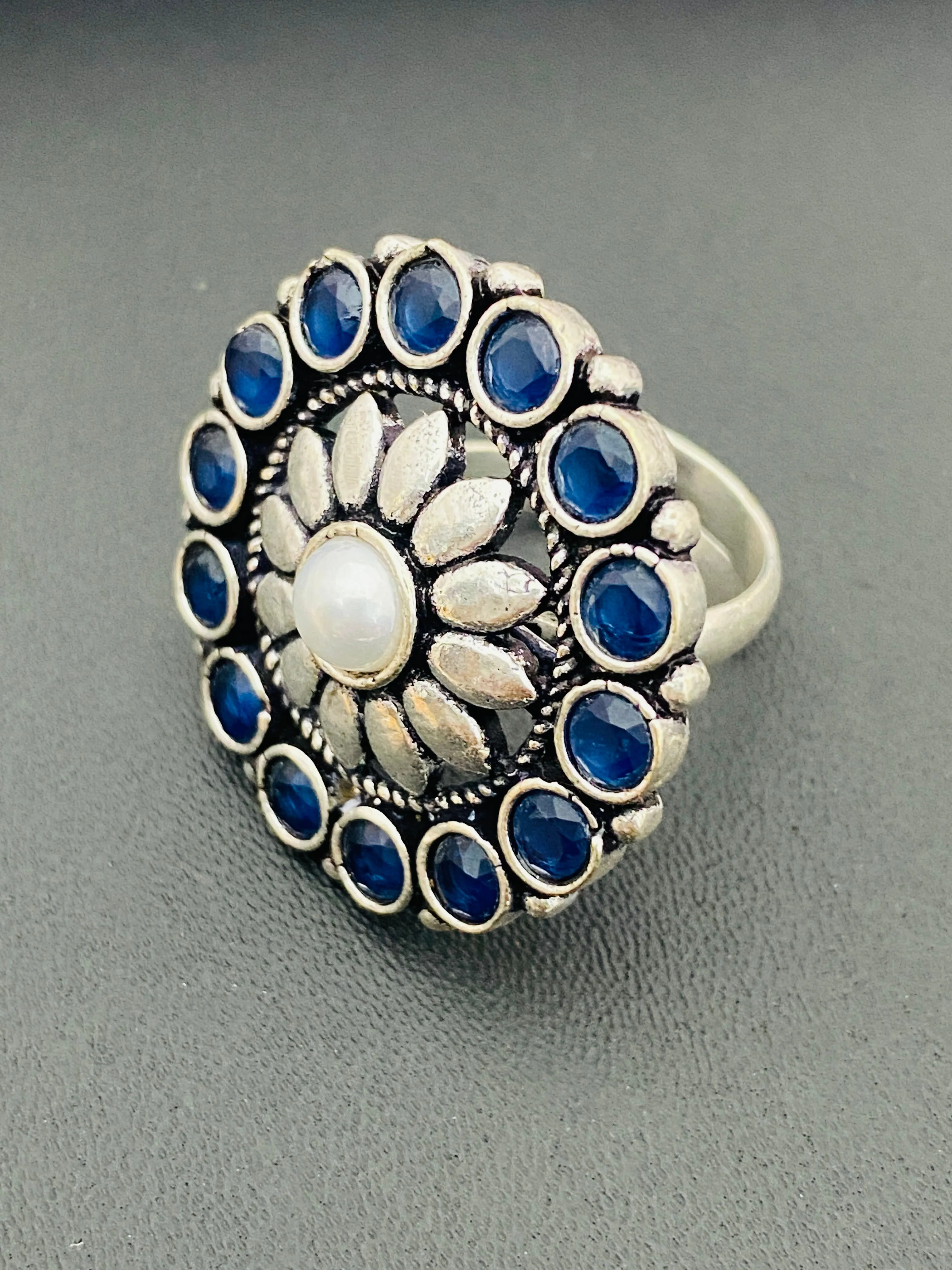 Trendy Blue Stone Beaded Flower Designed Silver Toned Oxidized Finger Ring