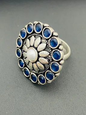 Trendy Blue Stone Beaded Flower Designed Silver Toned Oxidized Finger Ring