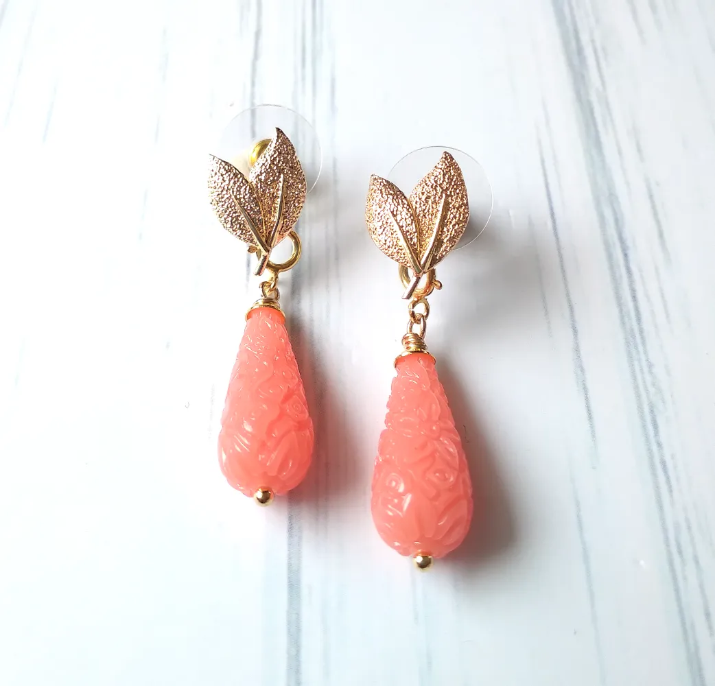 Twin Leaf Brass Studs with Gem Dangles