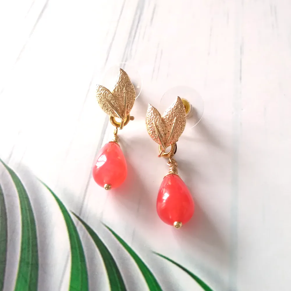 Twin Leaf Brass Studs with Gem Dangles