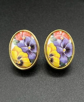 【USA輸入】ヴィンテージ パンジー オーバル イヤリング/Vintage Pansy Oval Clip On Earrings