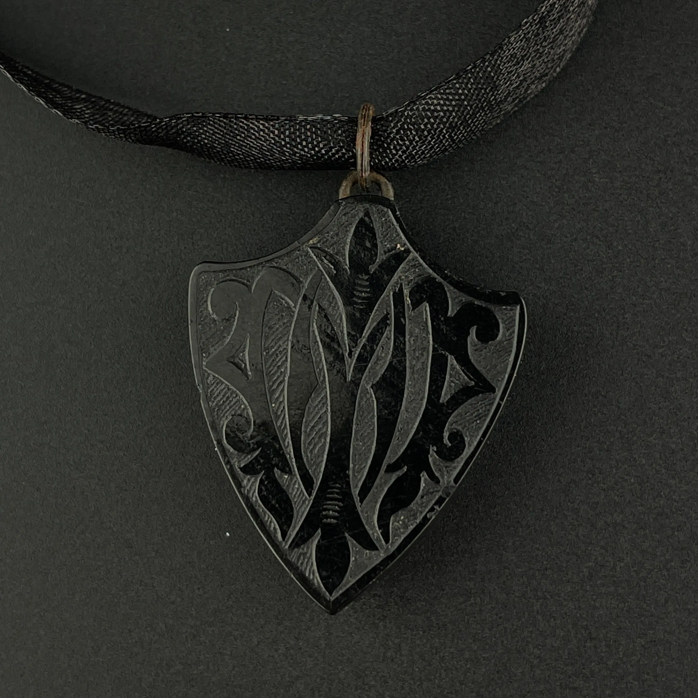 Victorian Shield Carved Whitby Jet In Memory Of Pendant