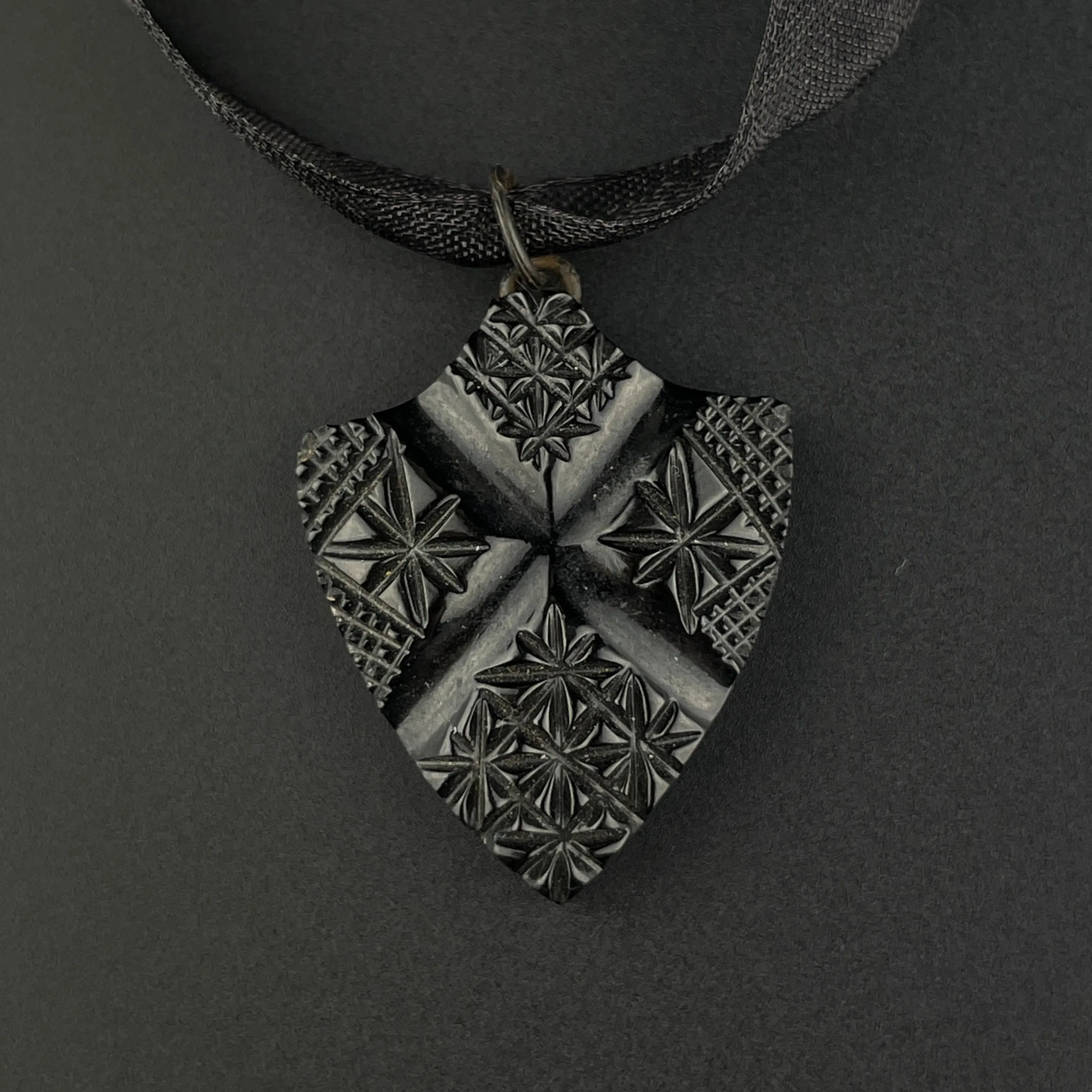 Victorian Shield Carved Whitby Jet In Memory Of Pendant