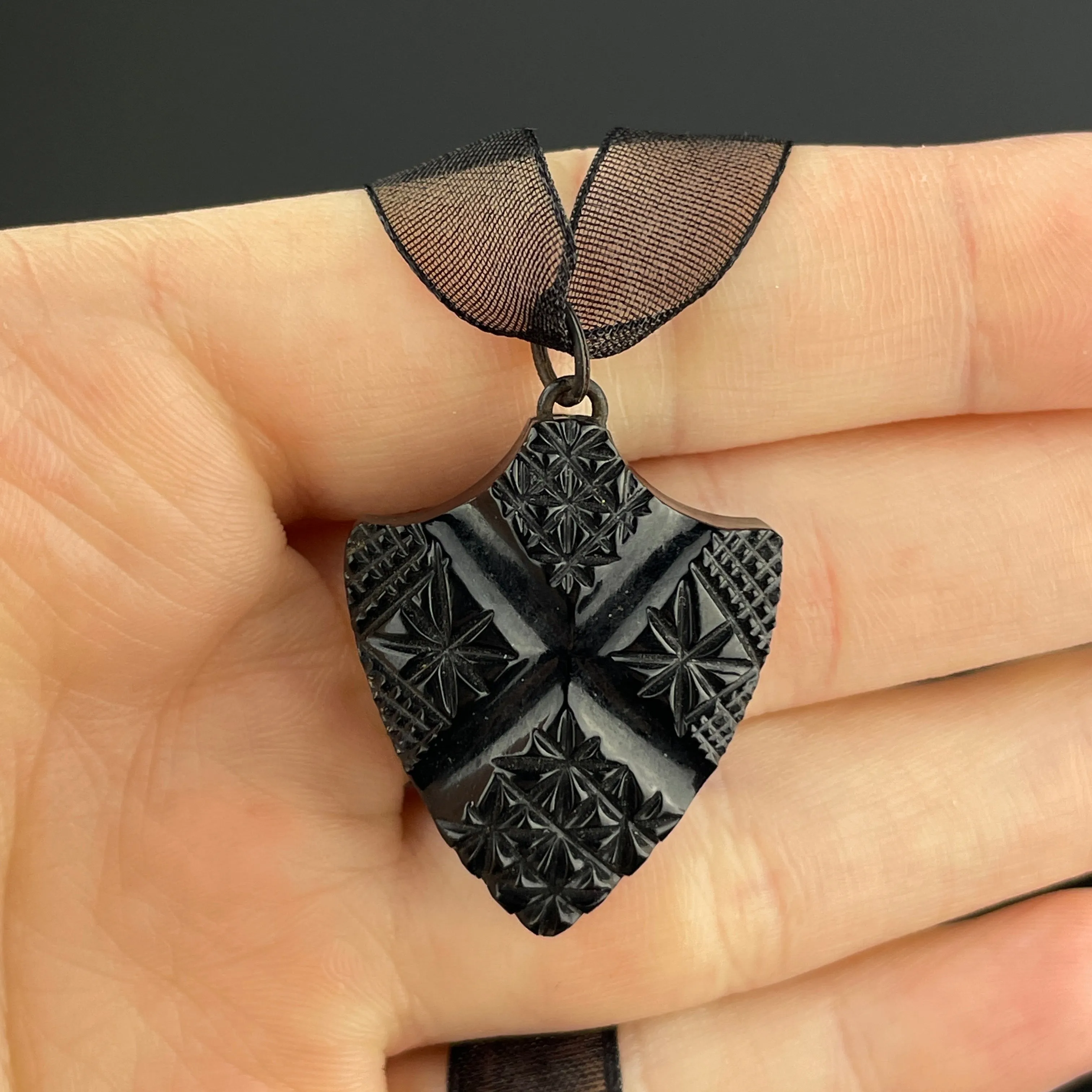 Victorian Shield Carved Whitby Jet In Memory Of Pendant