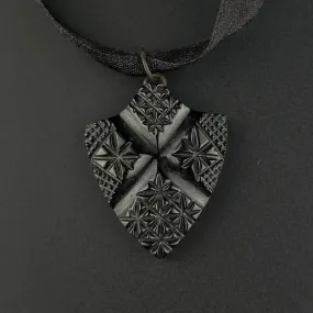 Victorian Shield Carved Whitby Jet In Memory Of Pendant