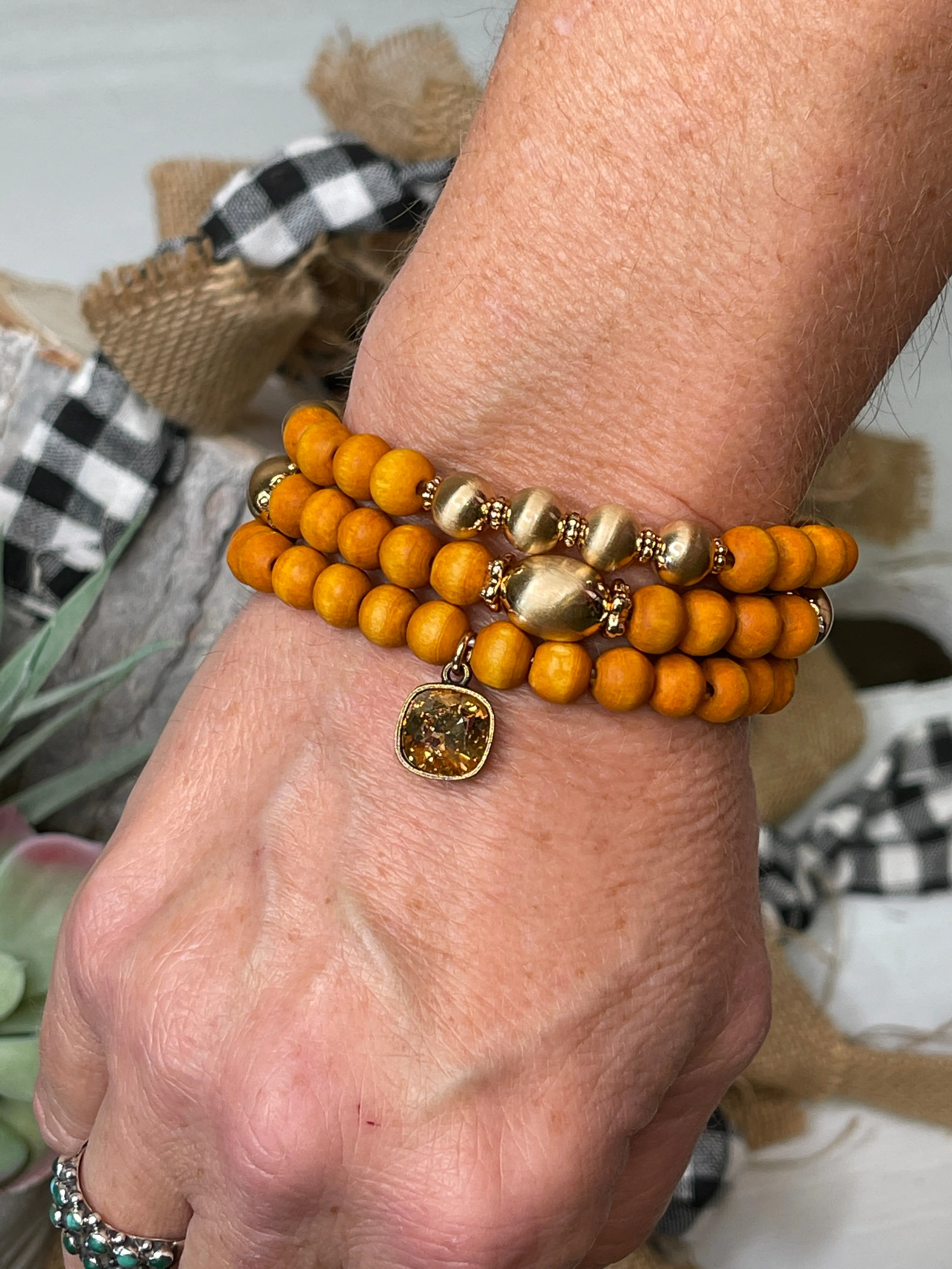 Wood & Gold Bead Bracelet Stack